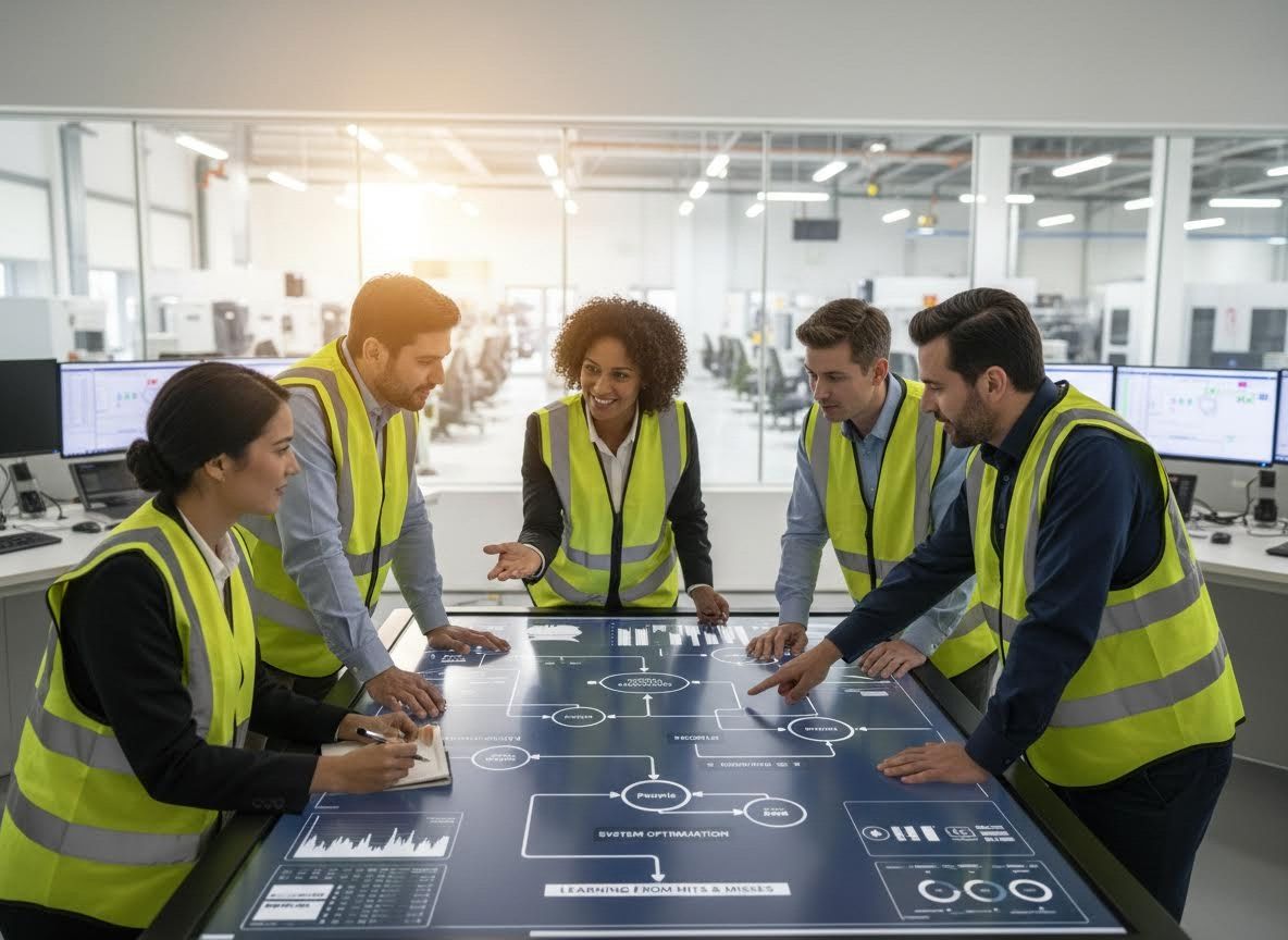 Engineers collaborating on system optimization with interactive display