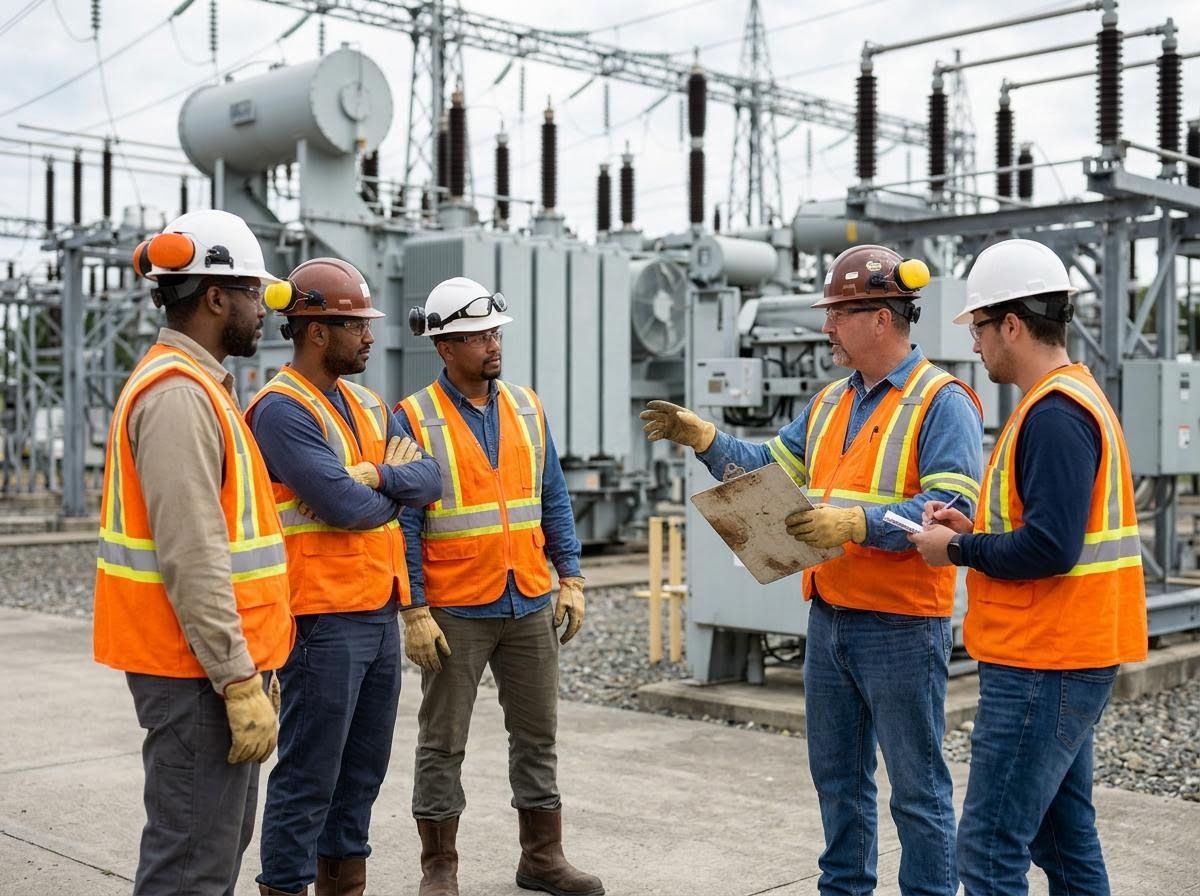 Engineers and technicians at electrical substation