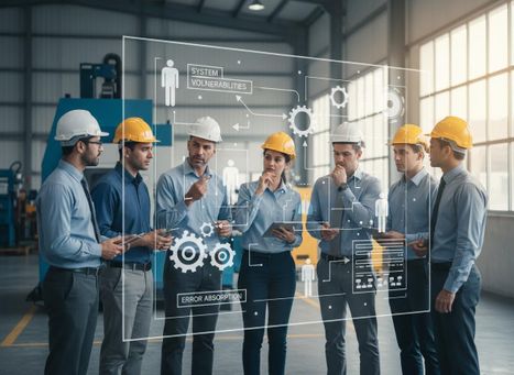 A team of six engineers in hard hats reviewing a transparent digital overlay displaying system vulnerabilities and error absorption in an industrial setting. Engineers Analyzing System Data with Digital Overlay in Factory