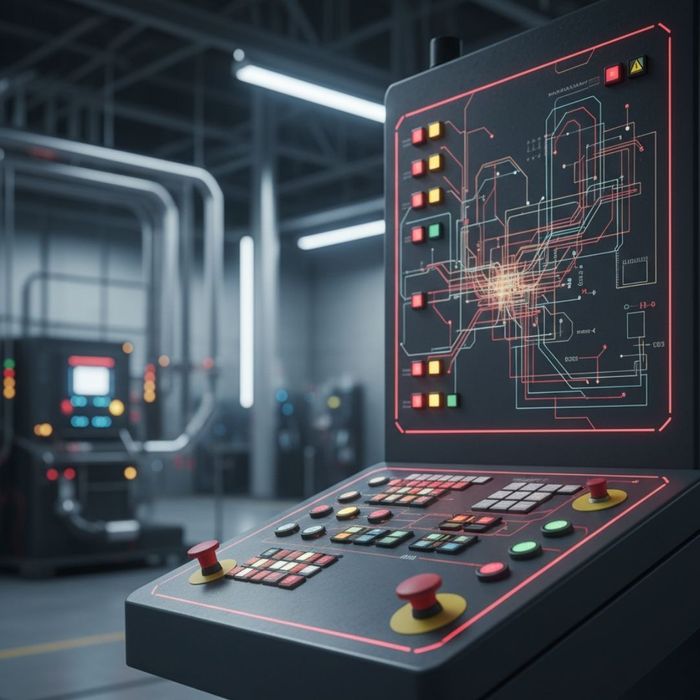A close-up of a complex machine control panel with multiple warning lights.
