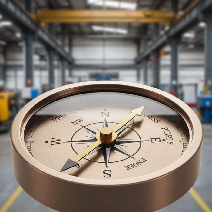 A compass needle pointing between the words Process and People, symbolizing balance.