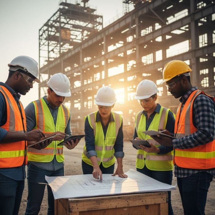 A small team of workers in safety vests standing in a circle for a pre-task meeting.