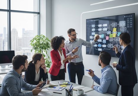 A diverse team of six professionals collaborates around a conference table in a modern office, reviewing a workflow diagram displayed on a large screen. The diagram features interconnected boxes and sticky notes, suggesting a detailed business process. Team members are engaged, with some pointing at the screen and others taking notes, indicating active participation and strategic planning. The bright, open office space with city views in the background enhances the collaborative atmosphere. Team Collaboration on Workflow Process