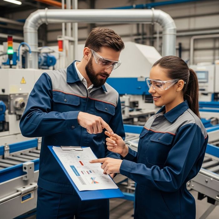 Two workers collaborating on a safety checklist on a factory floor. Two workers collaborating on a safety checklist on a factory floor.