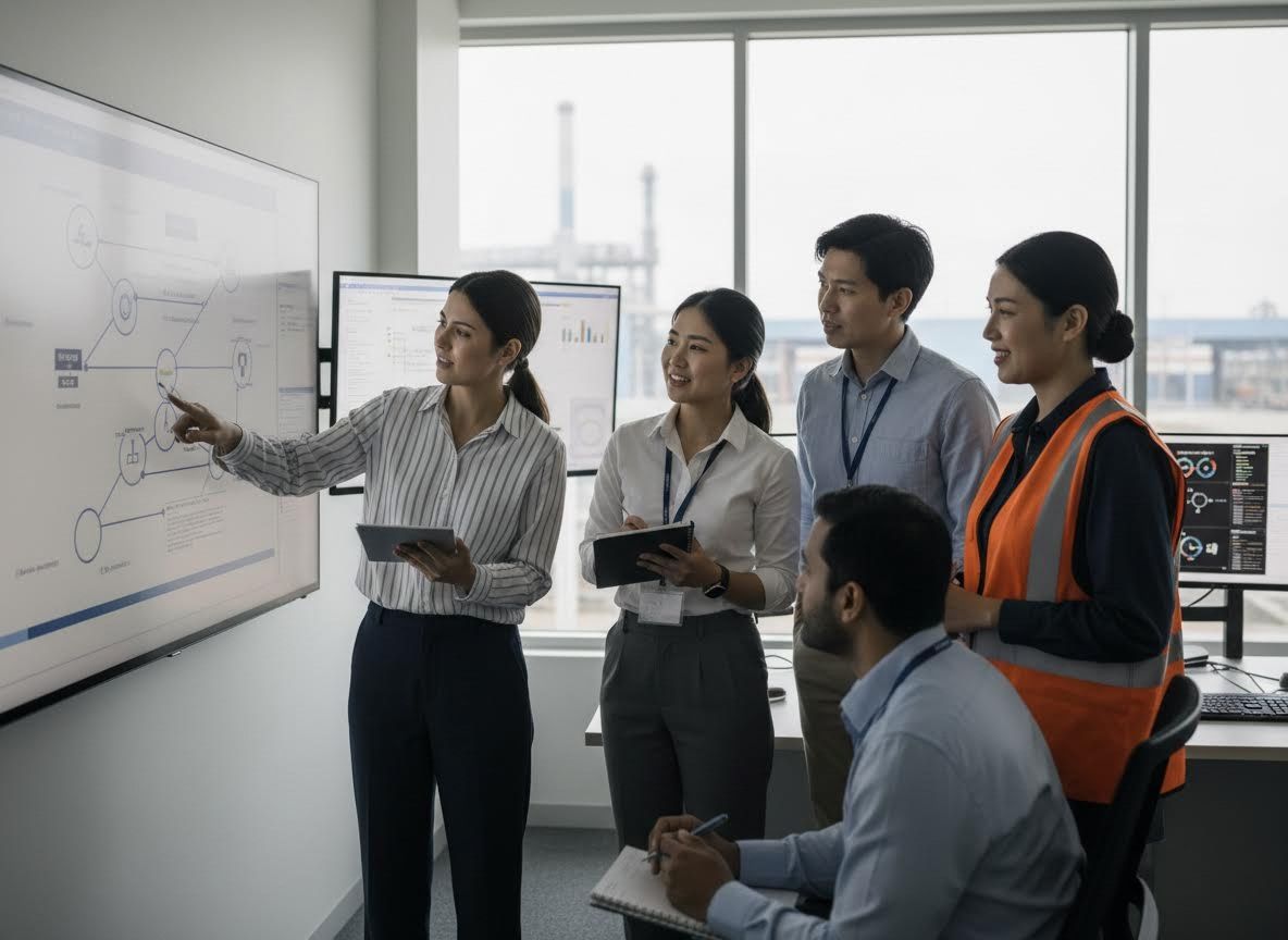 Diverse Team Collaborating on Project Flowchart