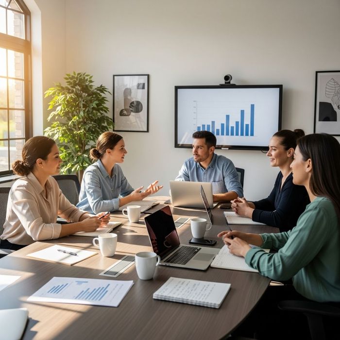 A diverse team actively participating in a performance management meeting. A diverse team actively participating in a performance management meeting.