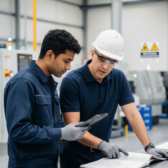 A supervisor and employee pointing to a technical manual and having a discussion.
