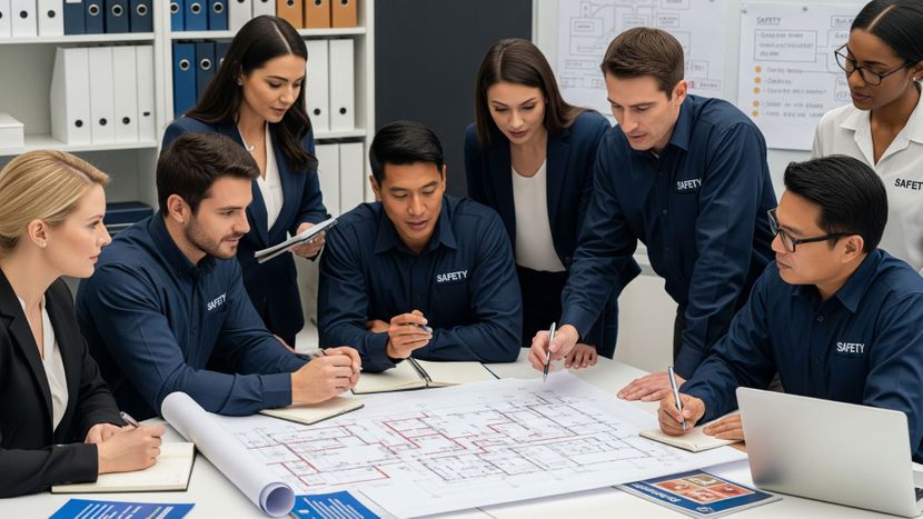 A group of safety professionals discusses plans in a modern industrial setting.