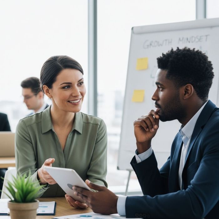 Two professionals engaged in a positive, constructive coaching conversation.