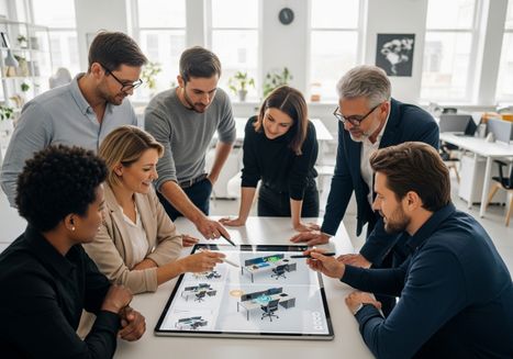 Diverse team collaborates on office design using interactive display