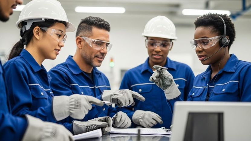 a team of engaged frontline workers collaborating in a modern industrial facility