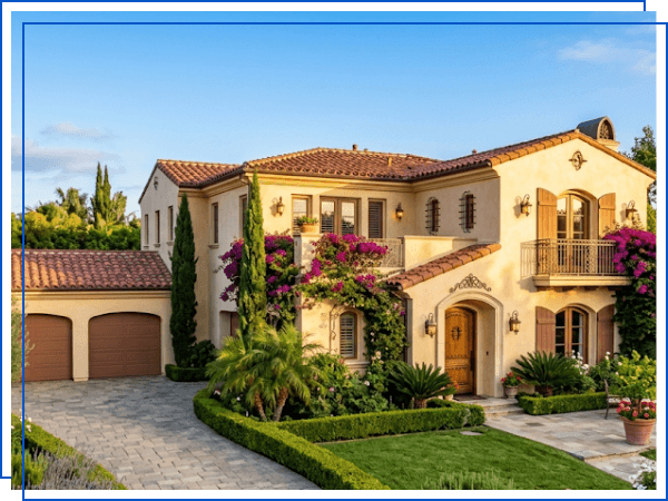 Luxury Mediterranean style home with paved driveway and landscaping