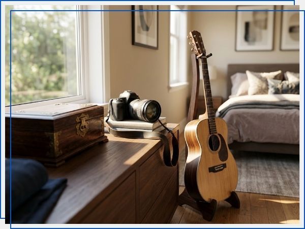 Acoustic guitar and camera inside a modern bedroom