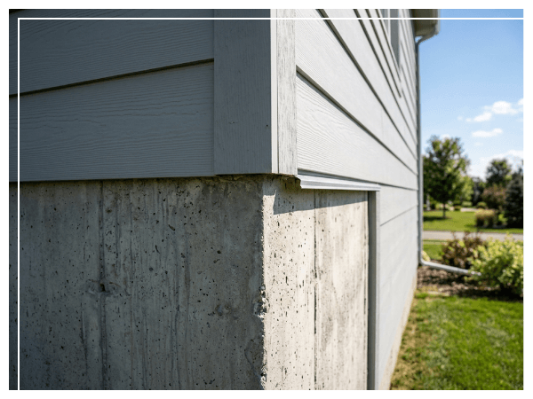 Close up of concrete house foundation and exterior siding