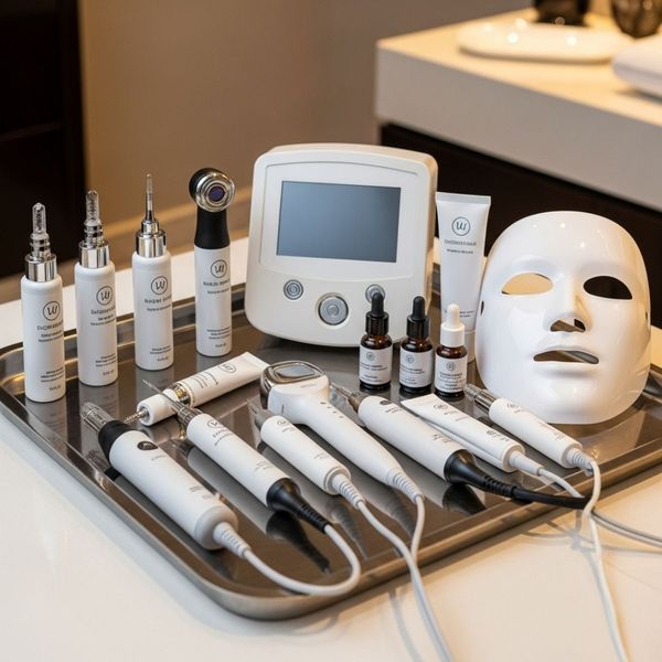 collection of advanced skincare and aesthetic tools neatly organized on a tray