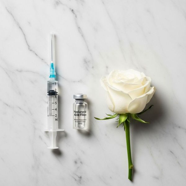 medical syringe and vial next to a delicate white flower on a marble surface