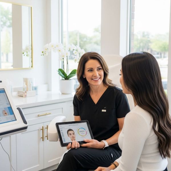 aesthetician and a client having a friendly, professional consultation