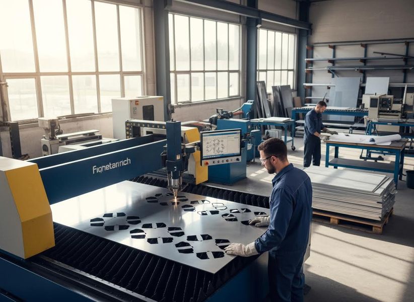 A worker supervises a Fionetanrich laser cutting machine precisely shaping a metal sheet with complex patterns in a bright factory. Industrial Laser Cutting in Manufacturing