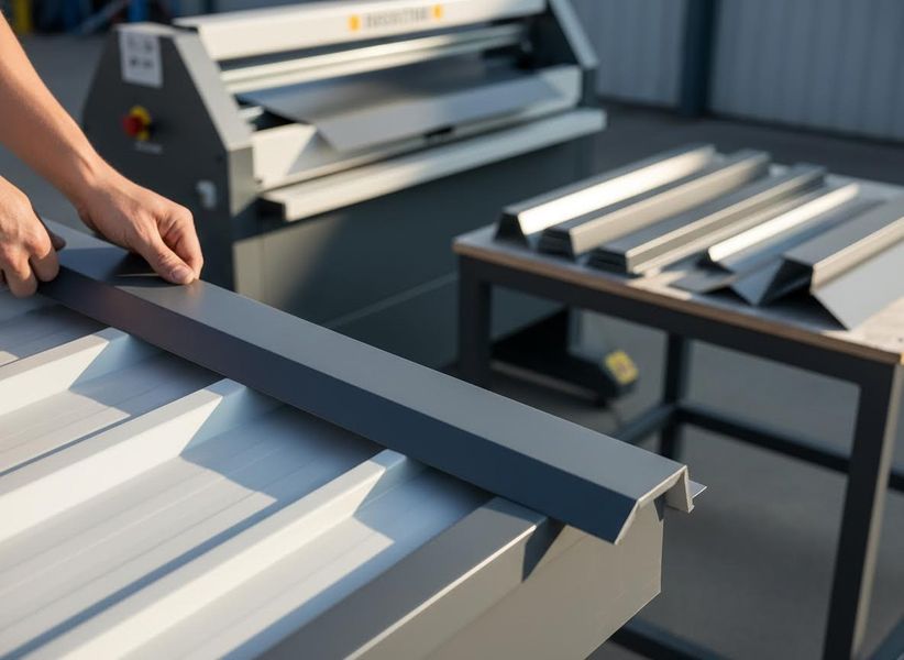 A person's hands bend a grey metal sheet on a workbench, with a sheet metal bending machine and finished profiles nearby in a workshop. Sheet Metal Fabrication Process