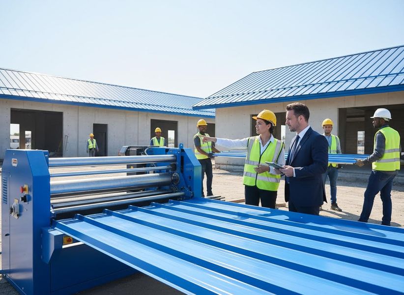 A female engineer shows a client the metal sheet forming machine at a construction site, with workers and buildings in the background. Construction Project Management with On-Site Metal Roofing Production