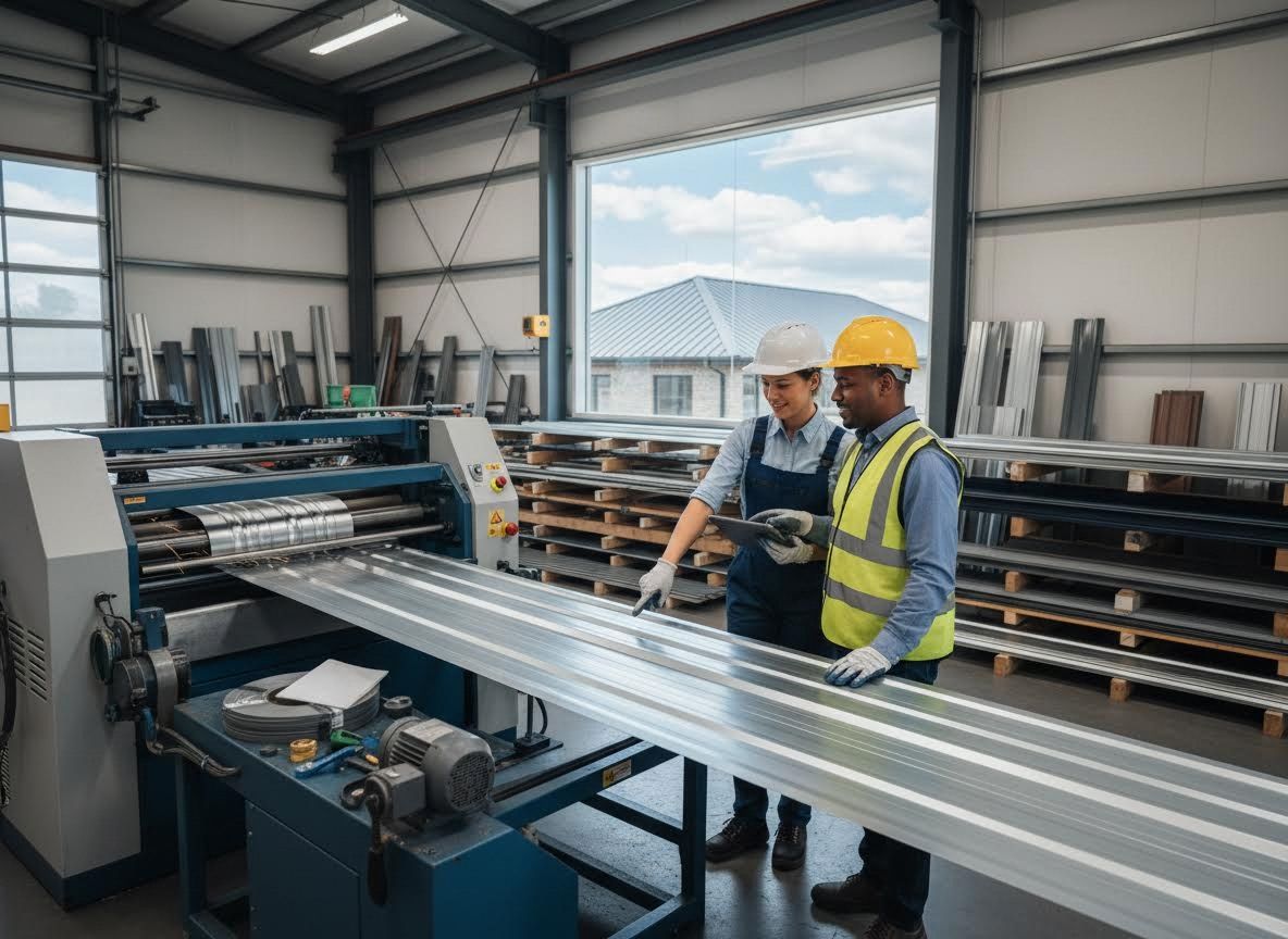 Two workers inspecting metal sheet production