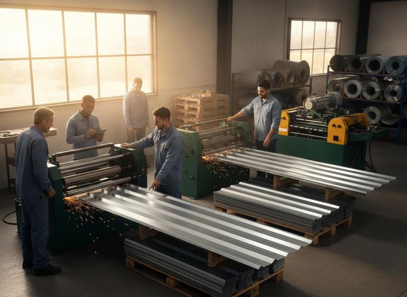 Workers operate machinery, cutting and forming corrugated metal sheets in a bright industrial facility. Stacks of finished sheets are nearby. Workers producing corrugated metal sheets in a factory