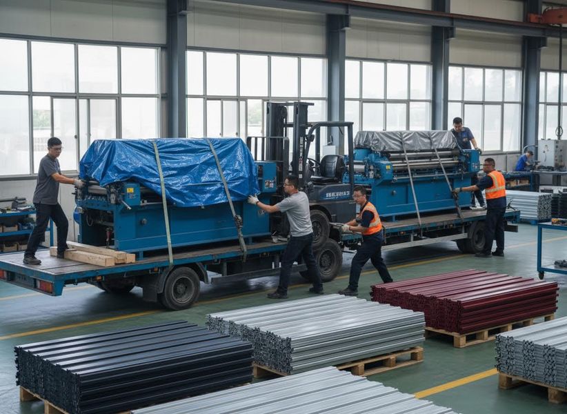 Several factory workers and a forklift are moving large blue industrial machinery on a flatbed truck, surrounded by pallets of metal profiles. Workers loading industrial machinery onto a truck in a factory
