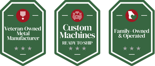 Three green trust badges reading: Veteran-Owned Metal Manufacturer, Custom Machines Ready to Ship, and Family-Owned & Operated