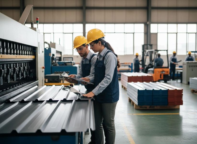 Two factory workers in safety gear review plans by a metal sheet machine. Other workers and forklifts are in the background. Industrial Workers Inspecting Metal Production