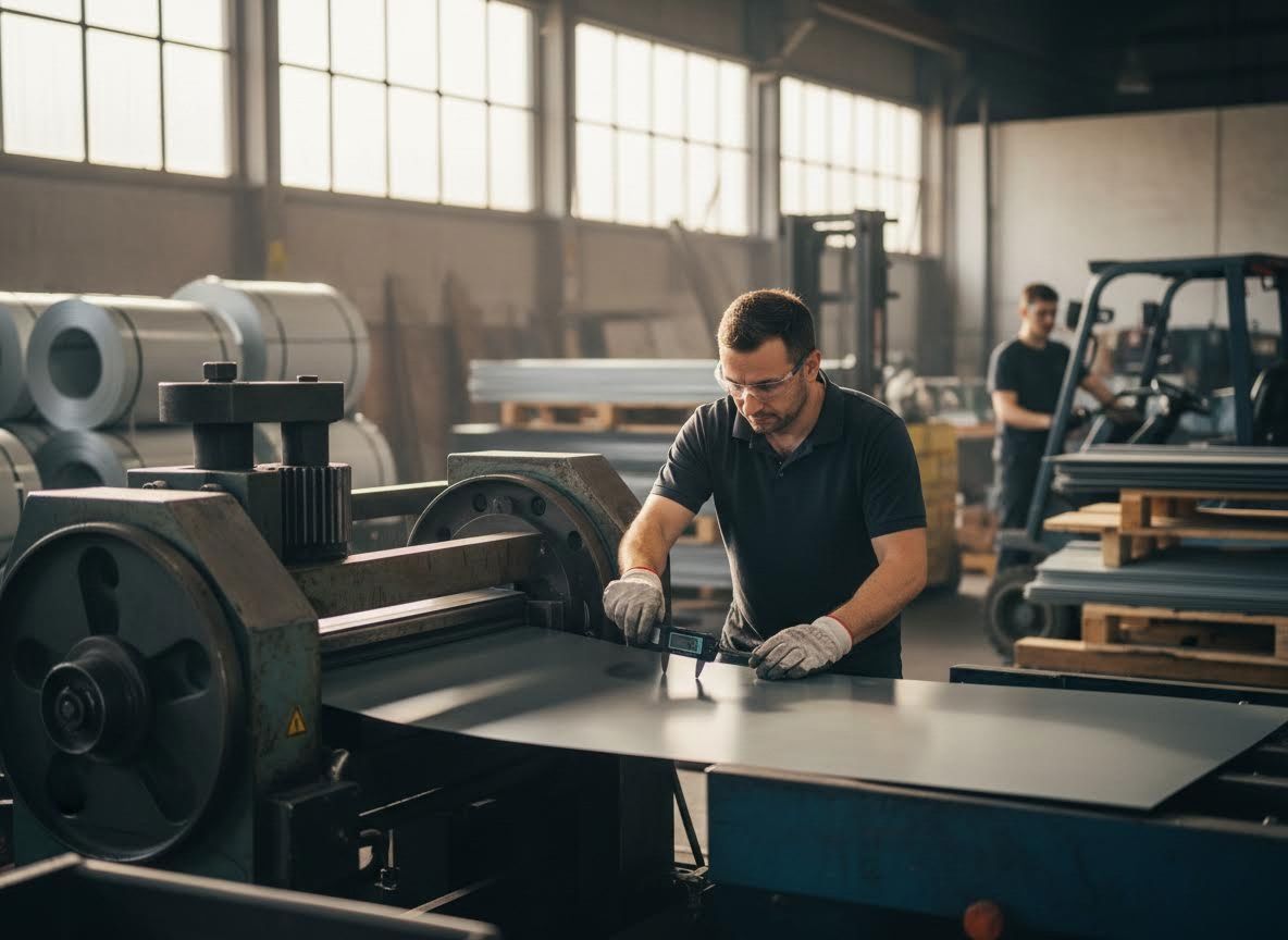Factory Worker Measuring Sheet Metal