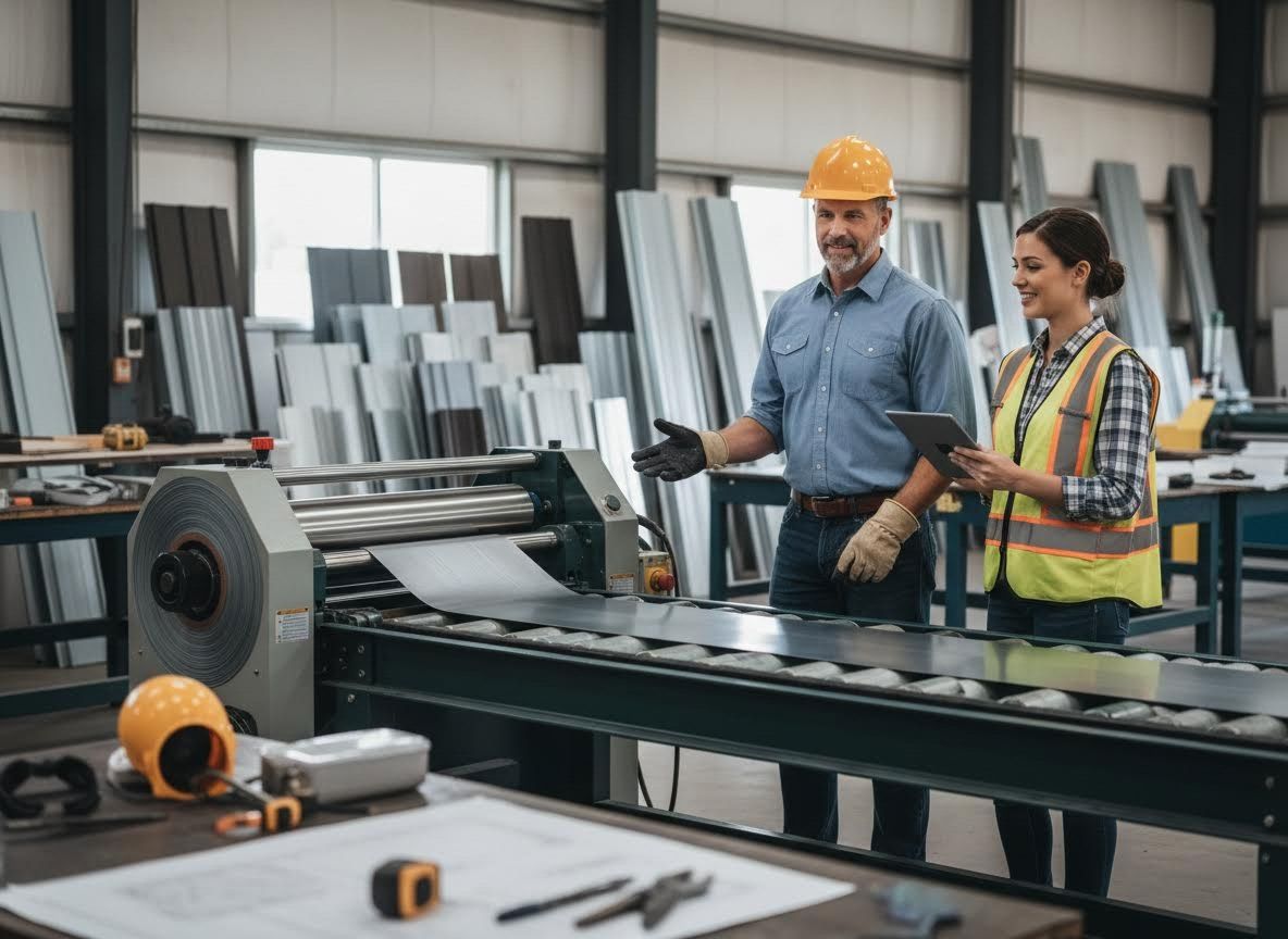 Industrial workers operating sheet metal machinery