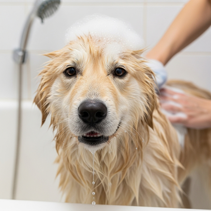 closeup of a dog getting a bath