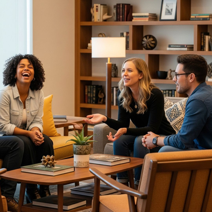 group of friends talking and laughing in a stylish community lounge