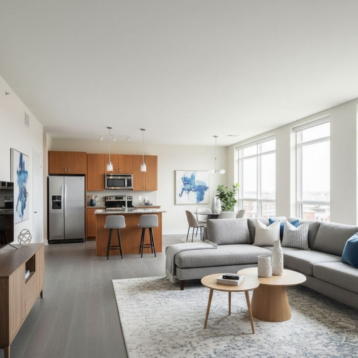 apartment living area and kitchen