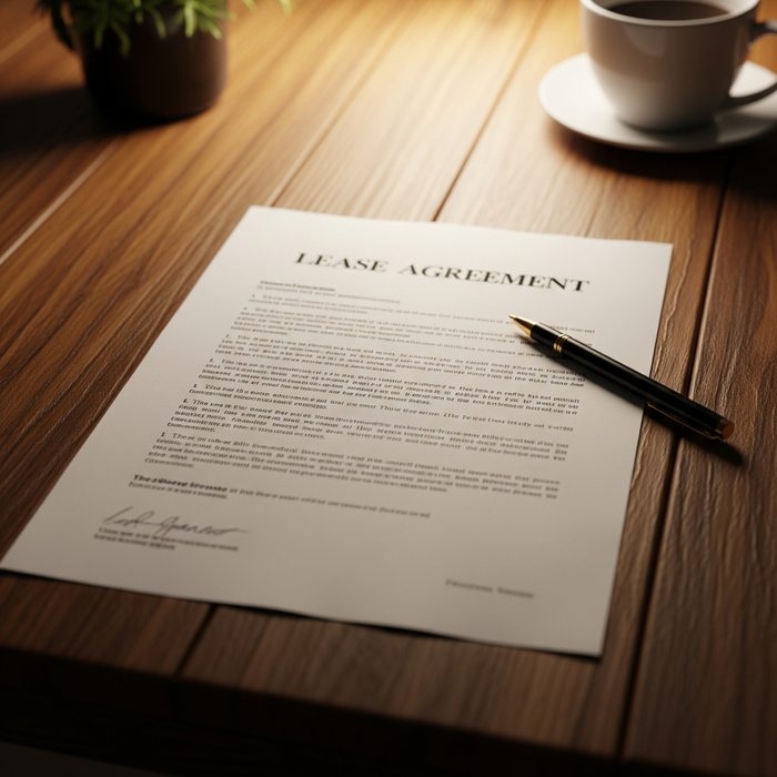 A lease agreement document lying on a wooden table.