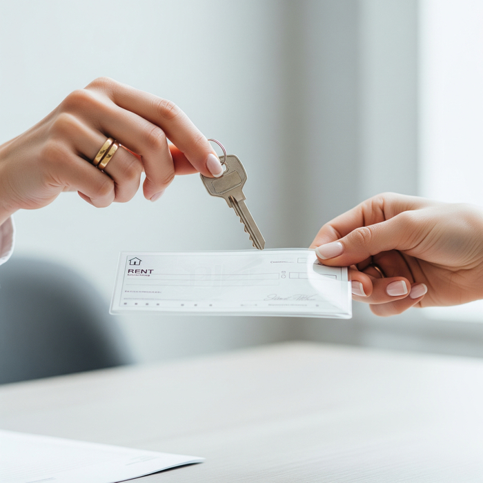 A hand exchanging a key for a rent check, representing a clean and modern transaction.