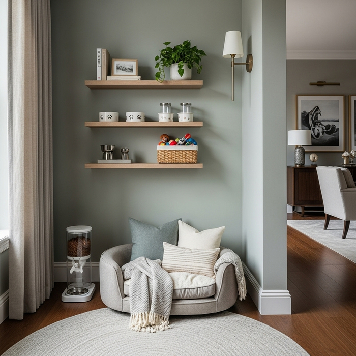 A stylish and organized pet corner inside a luxury two-bedroom apartment.