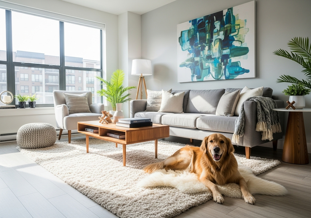 apartment living room with a dog and modern finishes.
