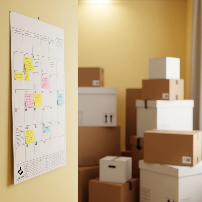 A calendar on a wall with moving boxes in the background, signifying a move-in or move-out date.
