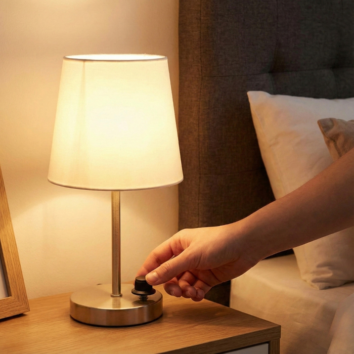 Person turning on a bedside lamp
