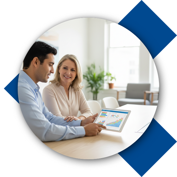 A financial advisor reviewing a client’s portfolio on a tablet with charts and graphs
