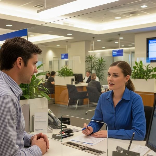 man talking to a bank teller man talking to a bank teller