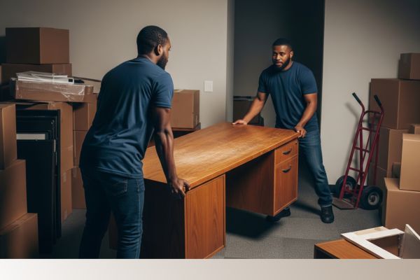 professional moving a desk and junk out of an office
