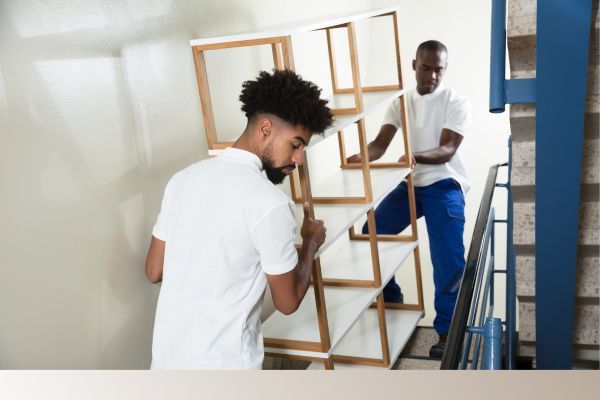 professional junk removers moving a shelf