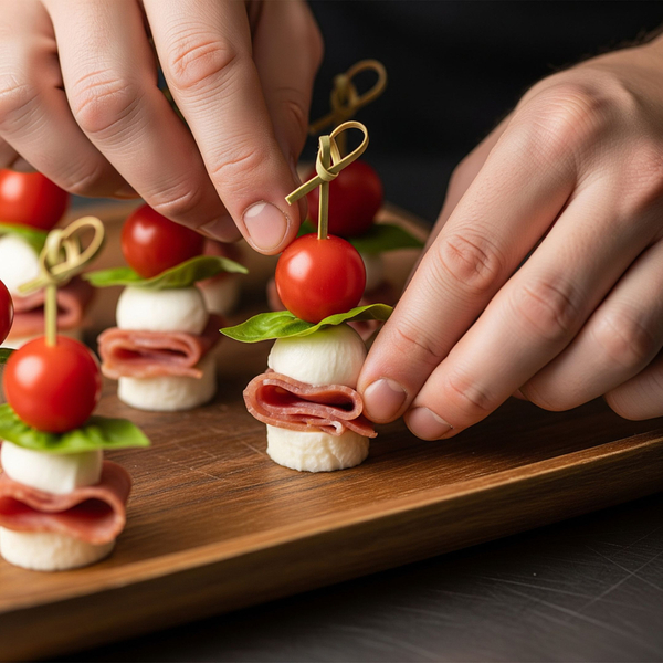 A chef’s hands carefully placing a gourmet appetizer on a serving tray.