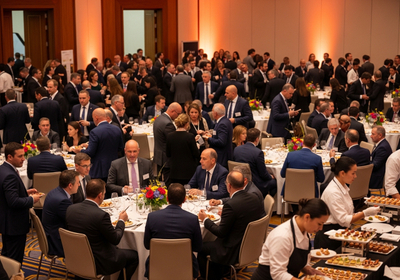 A large room filled with men and women dressed in business attire, gathered at round tables for a formal lunch or dinner event. Servers in white shirts are seen with trays of appetizers, suggesting a business meeting or conference. The tables are adorned with flowers, glassware, and plates set for a meal. Large Business Luncheon