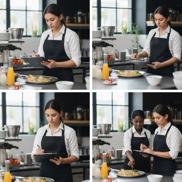 A professional woman in an apron reviews a clipboard and inspects dishes in a kitchen setting, sometimes with a colleague.