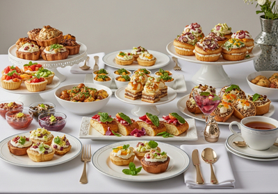 A lavish buffet of assorted gourmet foods and pastries are displayed on a white tablecloth, featuring individual tarts, crostini, and cakes arranged on elegant serving platters and dishes, accompanied by beverages like tea and a fruit cocktail, creating an inviting and sophisticated culinary presentation. Elegant Food Display