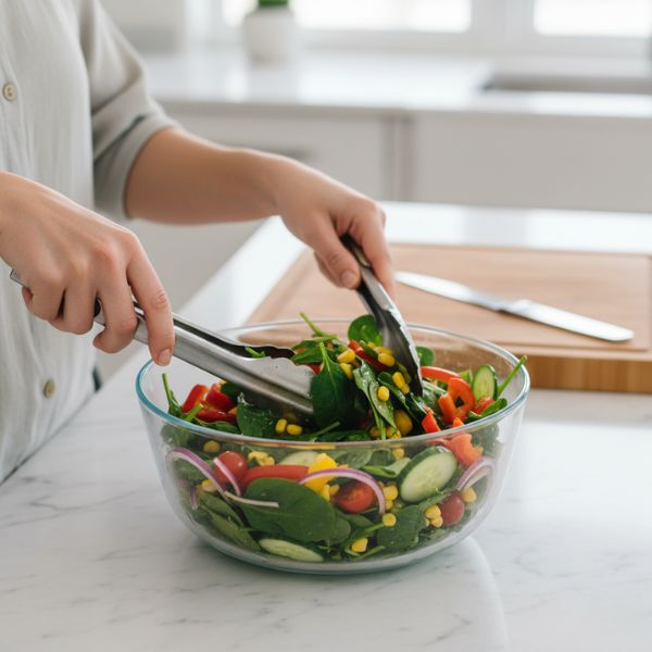 Vibrant, fresh salad being tossed in a large bowl with various colorful vegetables