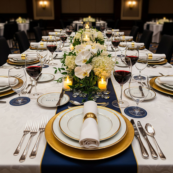 A perfectly set dining table at a formal corporate gala.